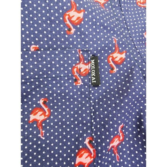 Molokai Medium Men Navy White Polka Dots Flamingo Short Sleeve Button Down Shirt - Picture 8 of 11
